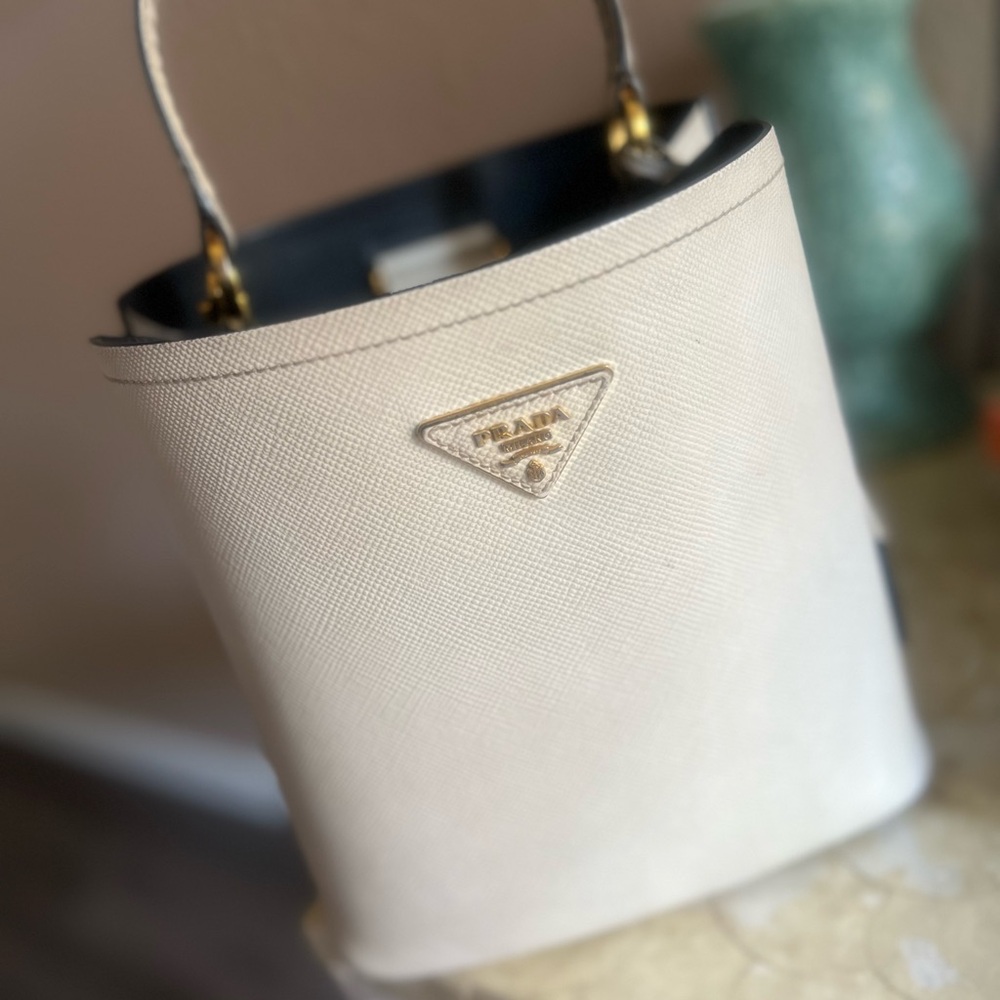 Leather medium white Prada tote bag with strap.